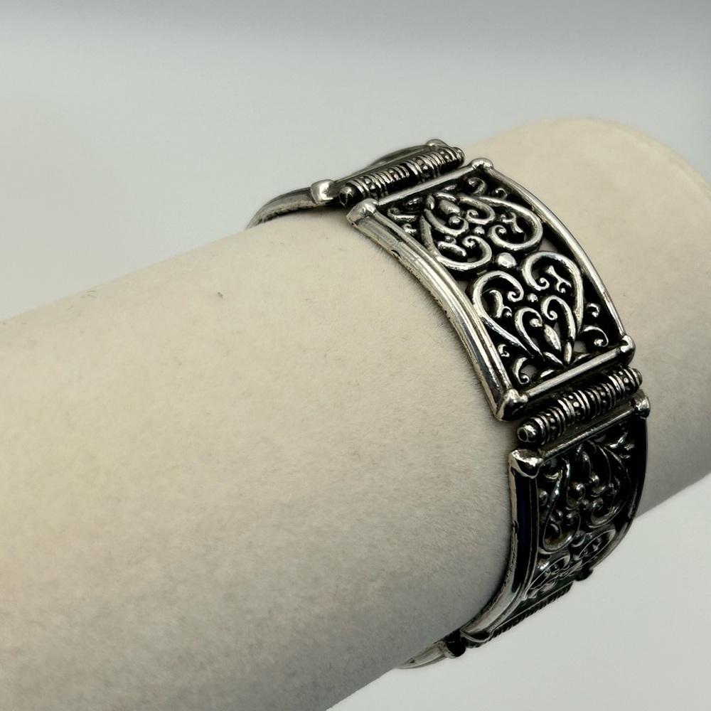Brighton Jewelry Bar Link Bracelet Silver Plated Scrolled Hearts 7.5" Vintage - Picture 4 of 12